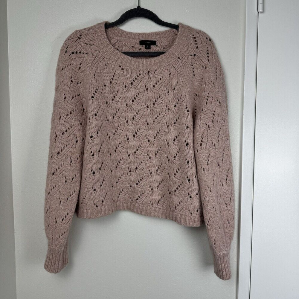 J. Crew Womens Pointelle Open Knit Acrylic Wool Pink Crewneck Sweater Large L